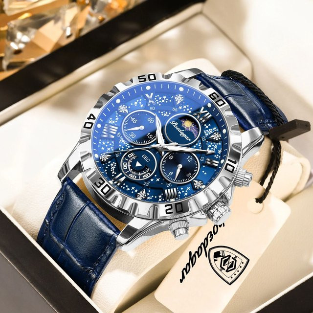 POEDAGAR Armbanduhr Chronograph, Quarz, Leder, Herren, Blau - Bild 1