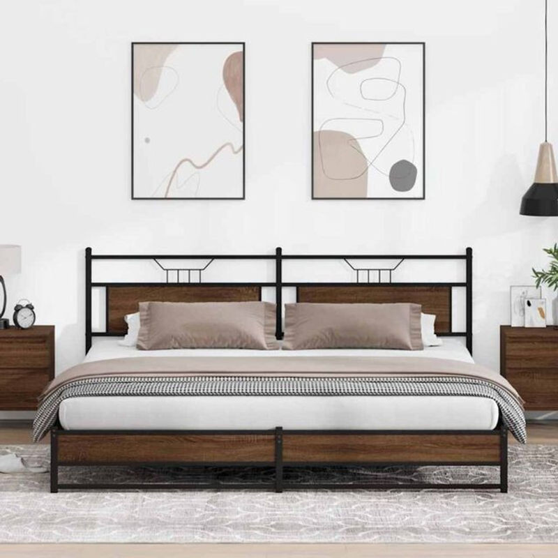 Metallbett Vidaxl in Braun Eichen-Optik aus Stahl und Holzwerkstoff ohne Matratze B: 193 cm, T: 201 cm, H: 91,5 cm - Bild 1