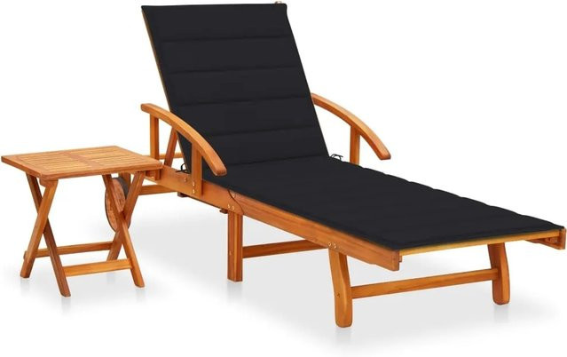 vidaXL Sonnenliege aus Akazie Massivholz mit Tisch, Auflage und Rollen in Schwarz - Bild 1