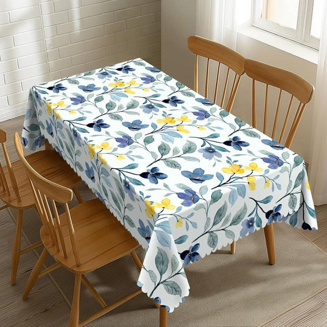 Rechteckige Tischdecke von JMG Household Supplies mit blauem und gelbem Blumenprint im Aquarell-Design, wasserabweisend und waschbar, B/T: 140 x 140 cm - Bild 1