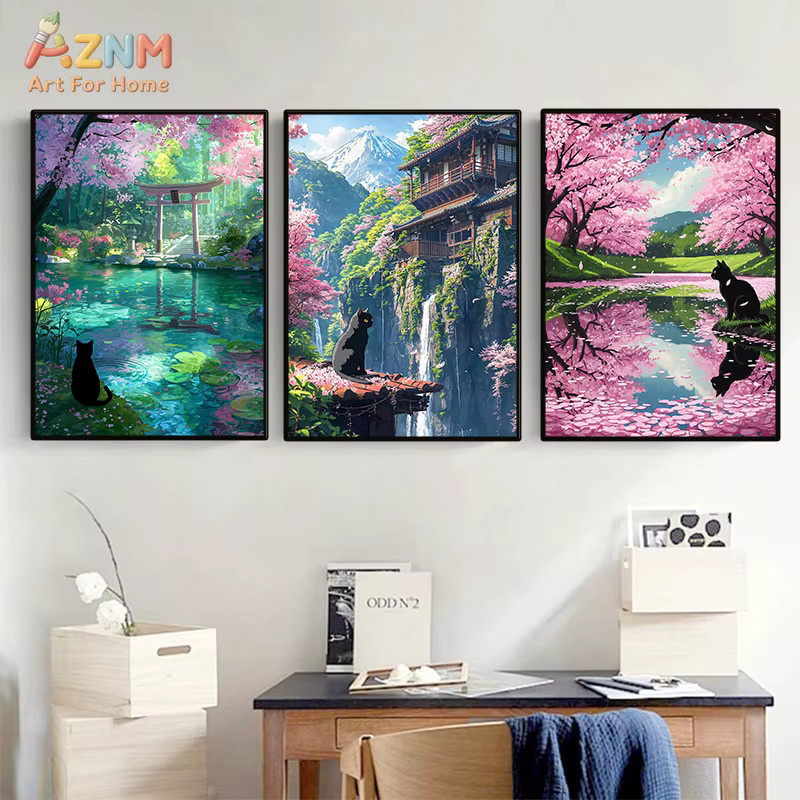 AZNM Leinwand-Wandkunst Japanische Kirschblüten und Schwarzkatze in Schwarz und Multicolour, rahmenloser Anime-Sakura-Landschaftsdruck für dein Zuhause - Bild 2