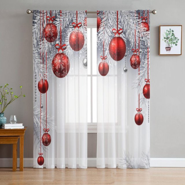 Transparenter Tüll-Fenstervorhang mit Weihnachtskugeln und Tannenzweigen von Your Warm Home, Farbe: Transparent/Rot, B x H: 135 x 114 cm - Bild 1