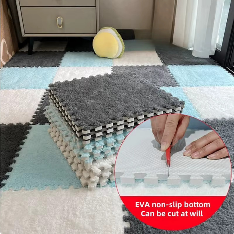 DHDH Plüsch-Puzzlematte in Checkerboard-Design, rutschfest und waschbar, Farben: Weiß und Grau - Bild 3