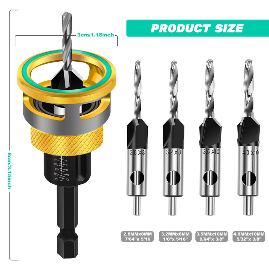 VIBRATITE Senkerbohrer-Set aus Edelstahl, 4-teilig, M2 mit einstellbarer Tiefe für Holz und Metall - Bild 4