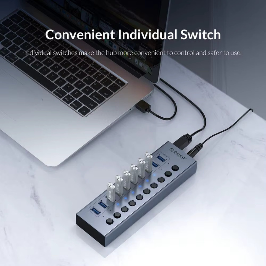 ORICO USB 3.0 Hub Aluminium USB Splitter mit 10 Ports und Ein/Aus Schalter in Grau inklusive 12V Netzteil zur Unterstützung des Aufladens für deinen Computer - Bild 4