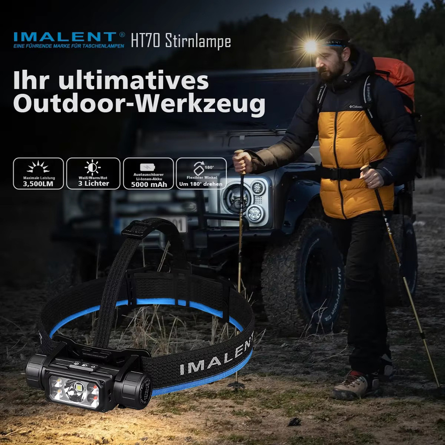 IMALENT HT70 LED-Stirnlampe mit 3500 lm, weißem und rotem Licht, wiederaufladbar mit 5000 mAh Akku und Typ-C-Anschluss - Bild 2