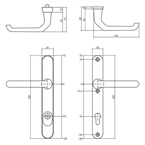 Intersteel Schutzbeschlag aus Aluminium in Silber und Schwarz mit Kernziehschutz PZ 92 mm und Schmaldrücker/Drücker - Bild 2