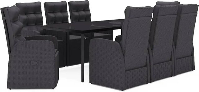 vidaXL 9-teilige Garten-Essgruppe aus PE-Rattan und pulverbeschichtetem Stahl mit Glasplatte und Kissen in Schwarz - Bild 1