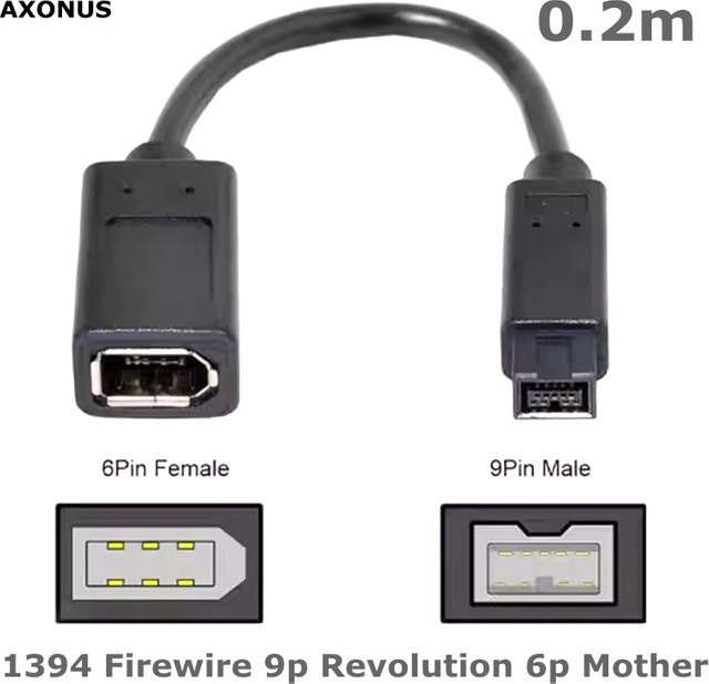 AXONUS Firewire 400 auf 800 Adapterkabel, 6-Pin Buchse auf 9-Pin Stecker, Farbe: Weiß, Länge: 20 cm - Bild 1
