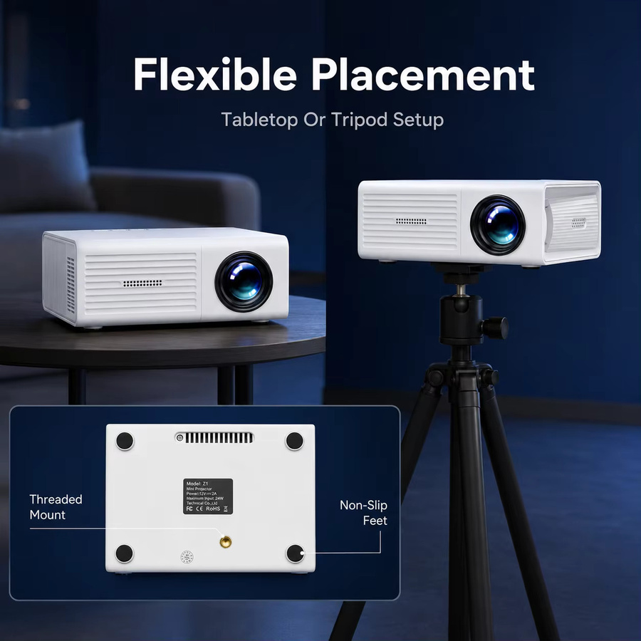 ZNLYRION Mini Smart Projektor in Weiß mit eingebautem Lautsprecher und LED-Lampe für Großbildprojektion und einfache Telefonverbindung - Bild 4