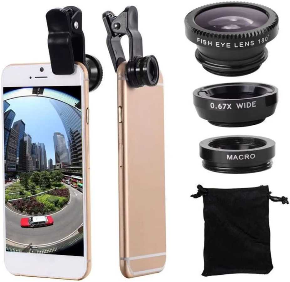 3in1 Fisheye Weitwinkel-Mikrokameraobjektiv mit Zoom und Telefonclip für iPhone und Xiaomi Redmi in Schwarz oder Blau - Bild 2