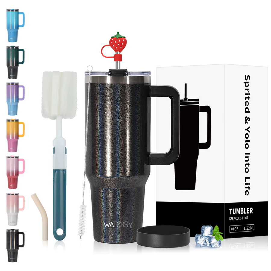 WATERSY Thermobecher Tumbler aus Edelstahl mit Griff und Strohhalm, isoliert, Schwarz - Bild 6