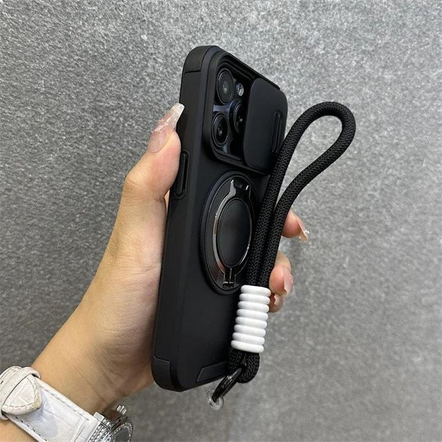 Stoßfeste Rüstungshülle mit magnetischer Halterung und Kameraschutz für Apple iPhone 16 15 14 13 12 11 Pro Max Plus inklusive Lanyard und Strap in Schwarz - Bild 1