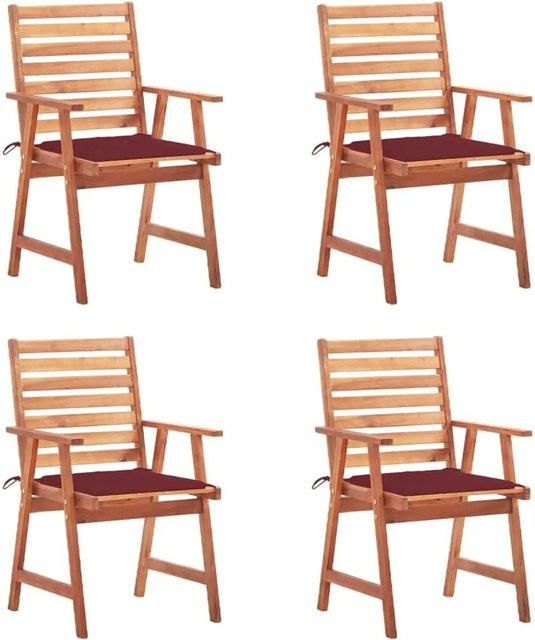 vidaXL Garten-Essstühle Set aus 4 Stück aus Akazien-Massivholz mit Kissen in Braun und Rot - Bild 1