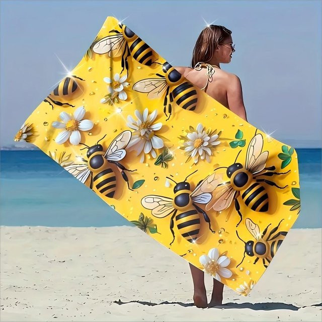 Ka Chen Muxi Strandtuch mit Bienen- und Gänseblümchen-Muster in Gelb, schnelltrocknende Mikrofaser, sandfest, B: 40 cm, H: 60 cm - Bild 1