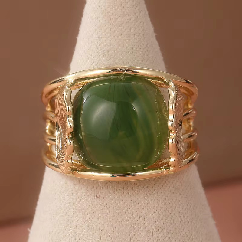 YoYo Ginkgoblatt-Ring, synthetischer grüner Achat, Damen, Vintage - Bild 1