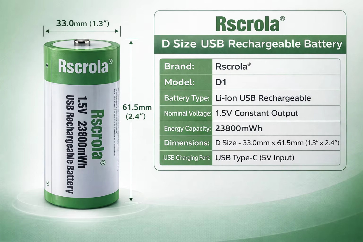 Rscrola Wiederaufladbarer USB-C Lithium-Ionen-Akku D-Größe, 1,5 V, 23800 mWh - Bild 2