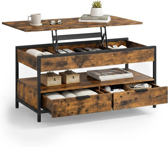 Relaxdays Couchtisch aus Holzwerkstoff und Eisen in Vintagebraun, höhenverstellbar und ausklappbar mit Stauraum, B: 100 cm, T: 40 cm, H: 48 bis 63 cm - Bild 1