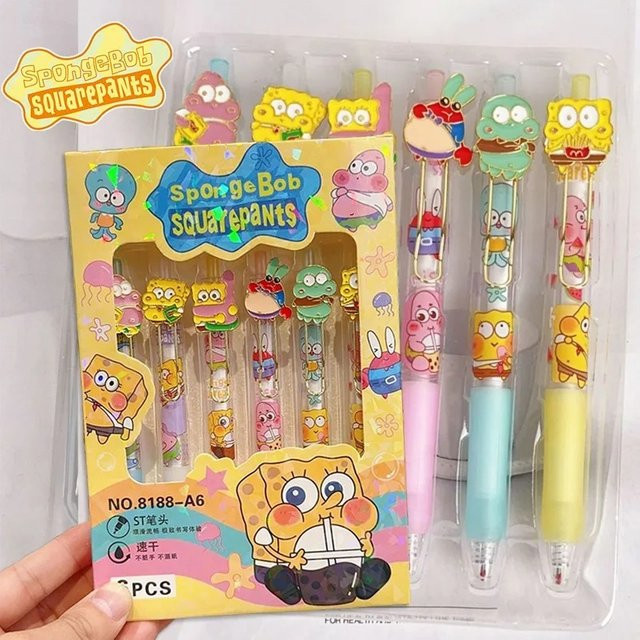 6 Stück SpongeBob Gelstifte von Potdemiel, schwarz, 0,5 mm, schnell trocknende Druckkugelschreiber im Kawaii-Design für Studenten und zum Zeichnen - Bild 1