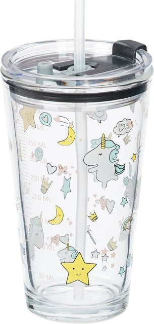 Relaxdays Kindergläser 4er Set aus Glas in Transparent, Weiß und Gelb mit Deckel und Strohhalm, B/T/H: 15,5 x 9 x 9,5 cm - Bild 1