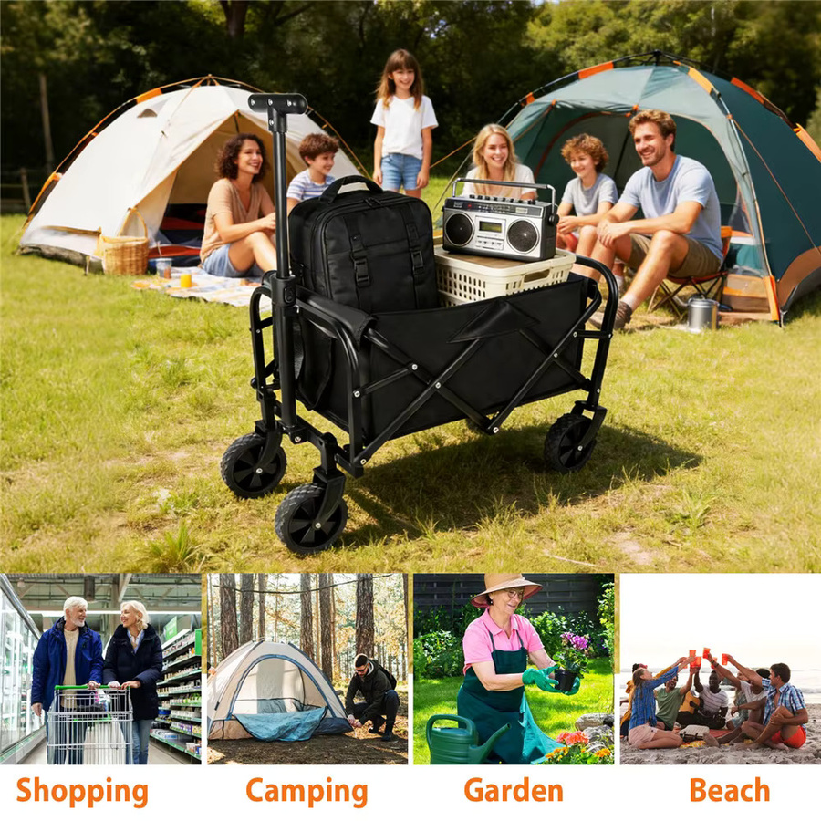 HGTUGO Faltbarer Gartenwagen Handkarren in Schwarz mit verstellbarem Griff und 4 Rädern für Camping, Strand und Garten, Tragkraft 75kg - Bild 4