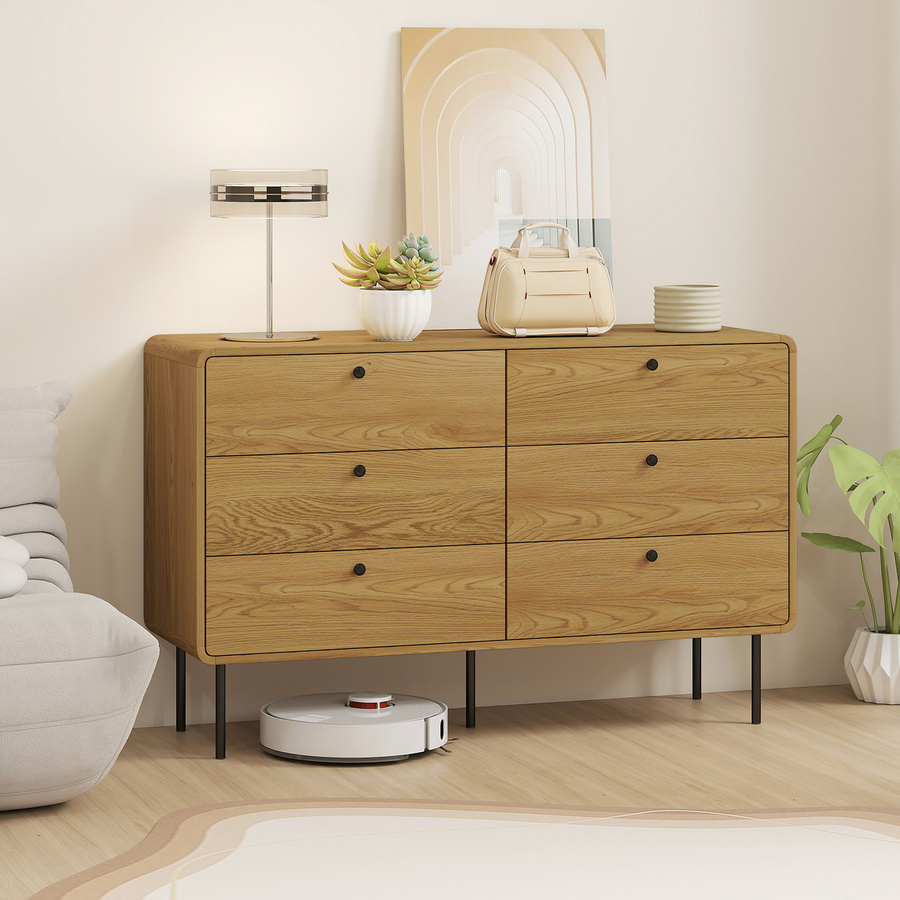 HOMCOM Kommode mit 6 Schubladen in Eichenholzoptik, moderner Aufbewahrungsschrank mit abgerundeten Ecken und Stahlfüßen für Schlafzimmer und Wohnzimmer, B/T/H: 120 x 40 x 75 cm - Bild 2