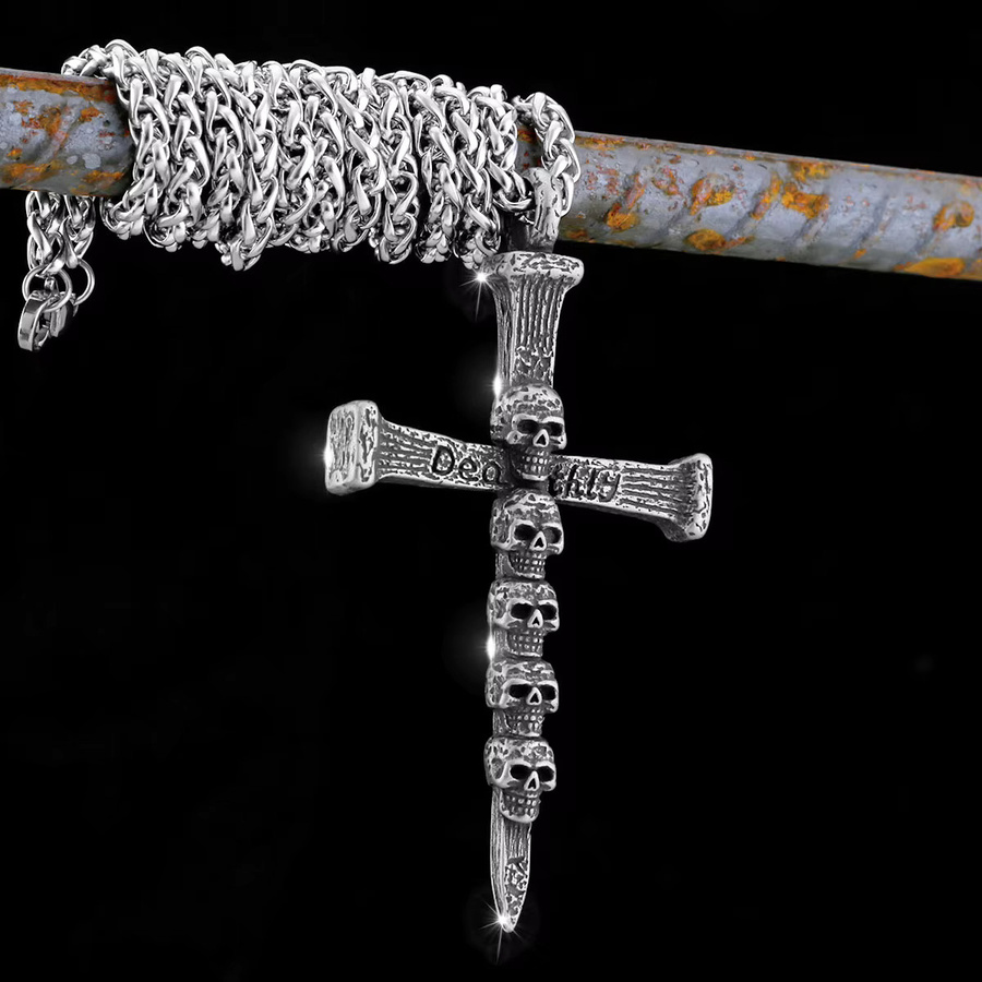 Halskette Edelstahl, Kreuz Schädel Viking, Silber, Herren - Bild 2