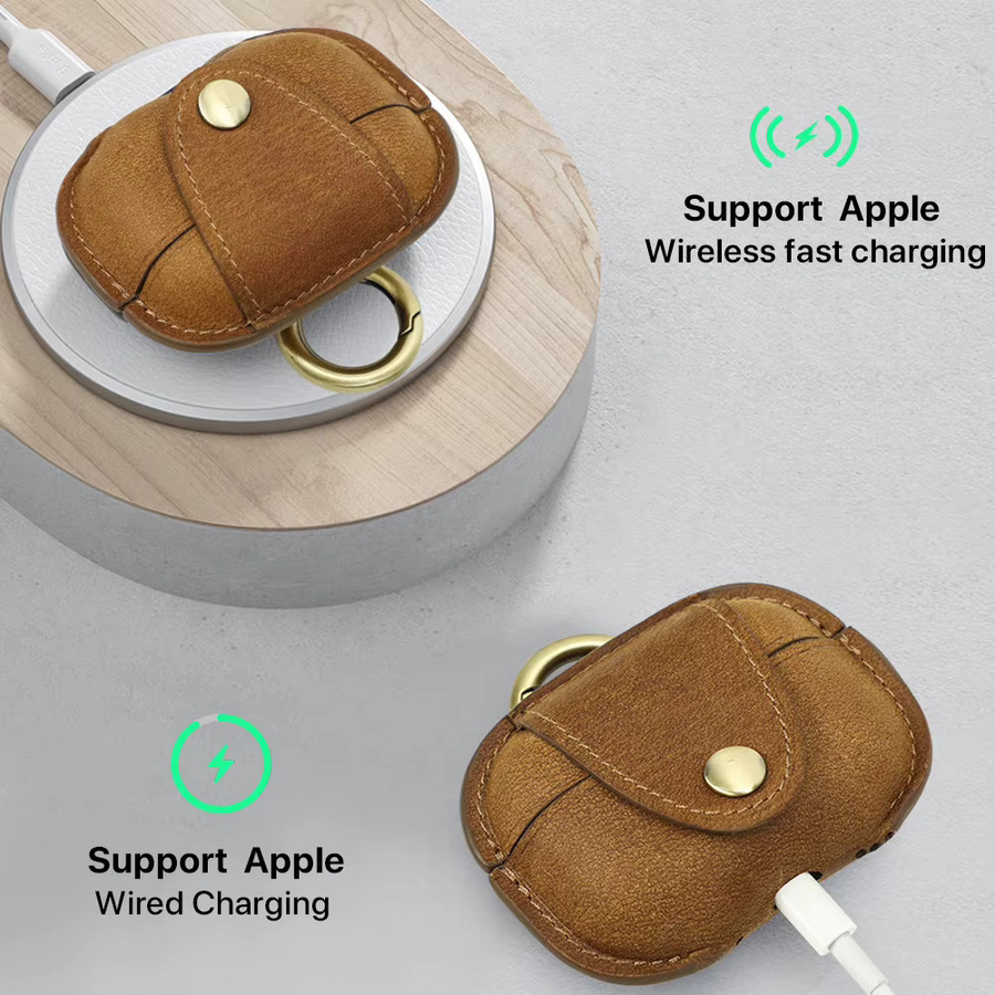 CONTACT'S FAMILY Echtleder-Hülle für AirPods Pro 2. Generation in Braun mit sicherem Verschluss-Clip und Schlüsselanhänger - Bild 3