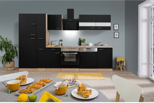 Respekta Küchenzeile Eiche Sägerau Schwarz mit Glastüren und Soft-Close-Funktion Breite: 310 cm, Höhe: 200 cm, Tiefe: 60 cm - Bild 1