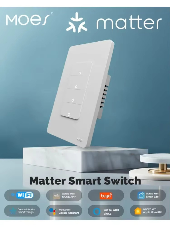MOES Smart Switch Tuya WiFi Matter Lichttaste in Weiß mit Neutralleiter für App-Steuerung, Alexa, Google Home und Apple HomeKit, B/T/H: 11,8 x 7,2 x 3,62 cm - Bild 5