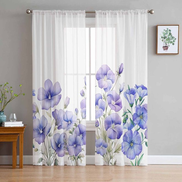Super Six Chiffon-Fenstervorhang mit handbemaltem Aquarell-Trompetenblumen-Design, transparent, Farbe: Weiß, B: 135 cm, H: 114 cm - Bild 1
