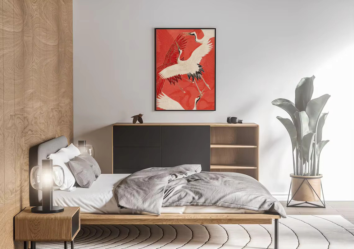 SHENCHEN Japanisches Vintage-Poster mit Kranich-Vogel-Illustration als Kunstdruck aus Papier in Rot - Bild 3