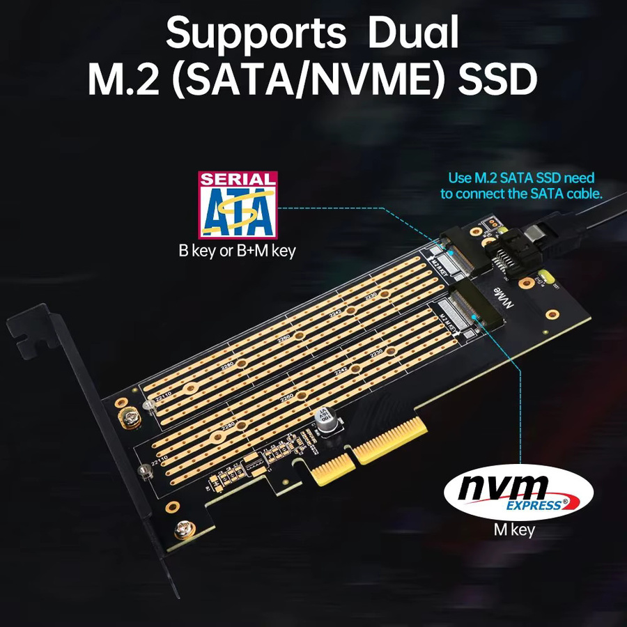 Jeyi Dual M.2 PCIe 4.0 Adapter für NVMe und NGFF SSD, unterstützt NVMe M Key und SATA B Key, Schwarz - Bild 2