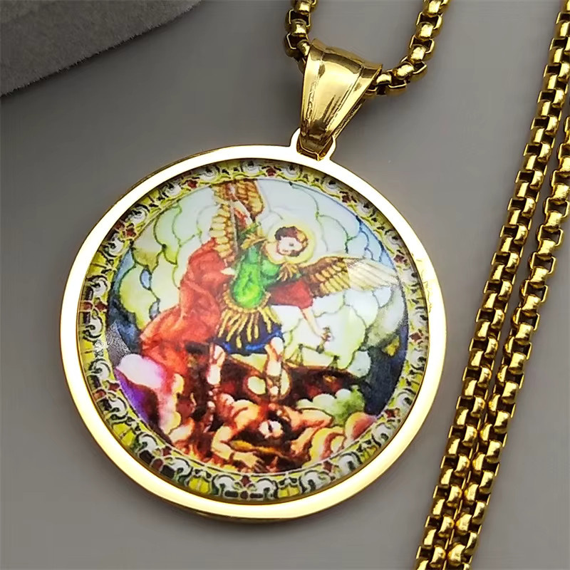 SAINT MICHAEL Anhänger Halskette, Edelstahl, Gold, Glas, Unisex - Bild 1