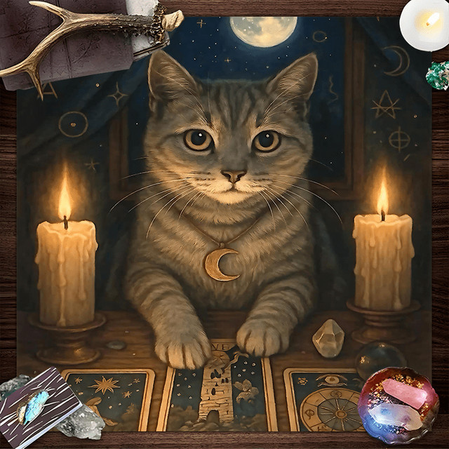 VIKAMA Tischdecke Mondschein-Wahrsagerei mit grauer Katze, Tarot, Kristall und Sternenkarte für Meditationsraum und Altar, Boho Design, rechteckig, mehrfarbig - Bild 1
