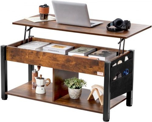 VEVOR Couchtisch mit anhebbarer Platte in Braun, rechteckiger Wohnzimmertisch mit Höhenverstellung und Aufbewahrungsmöglichkeiten aus Spanplatte und Stahlrahmen, B/T/H: 106,0 x 48,8 x 50,0 cm - Bild 1