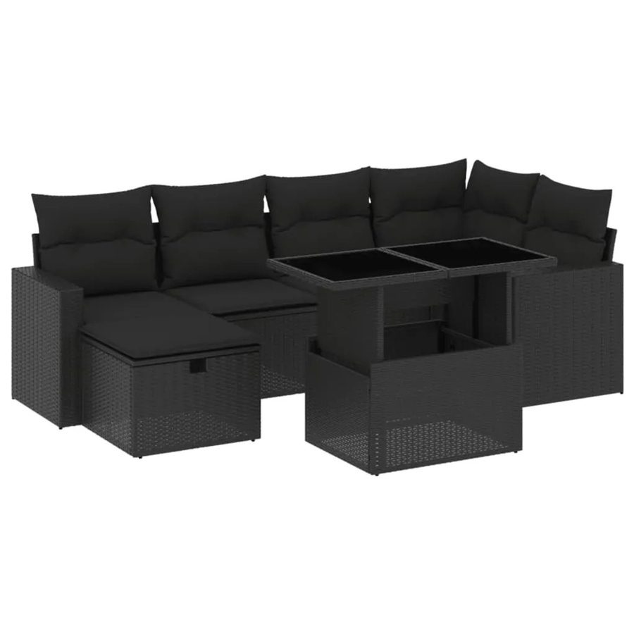 vidaXL 7-teilige Garten-Sofagarnitur in L-Form aus Poly-Rattan mit Kissen in Schwarz - Bild 2