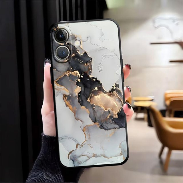 Schwarze weiche Handyhülle mit Kunstvollen Tinten- und Aquarellmustern für Apple iPhone 11 12 13 14 15 16 17 Pro Max XS XR Plus Air - Bild 1