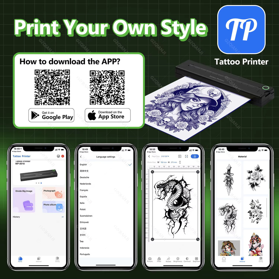 GZQIANJI Tragbarer A4 Thermo Transfer Tattoo Drucker mit Bluetooth, 203dpi, Schwarz, Kompatibel mit Android und iOS - Bild 3