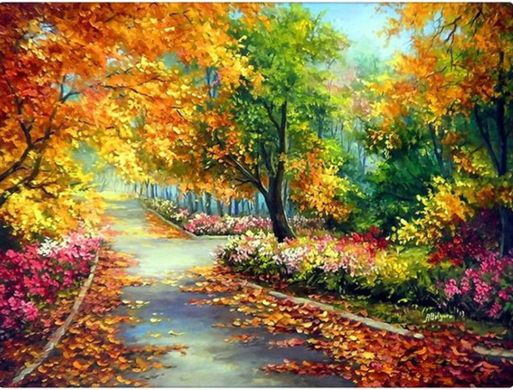 FIYO Diamant-Stickerei Herbstlandschaft mit Bäumen und Weg, Mehrfarbiges Diamantgemälde im Querformat, B/H: 30 x 20 cm - Bild 1