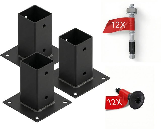 HOLLMAX Pfostenträger Set aus 3 Aufschraubhülsen für Vierkantpfosten, 71 mm, Schwarz matt pulverbeschichtet - Bild 1