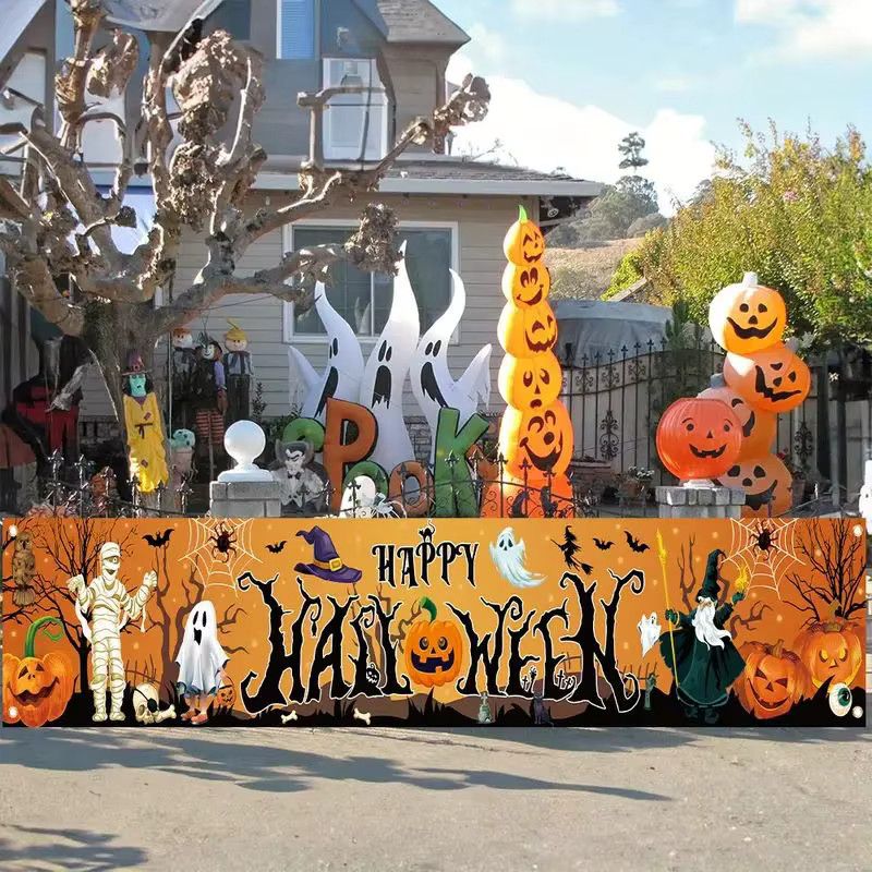 VIKAMA Halloween Banner mit Kürbis und Geist Design für die Partydekoration im Innen- und Außenbereich aus Polyester, Breite: 180 cm, Höhe: 40 cm - Bild 2