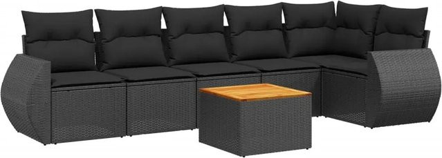 vidaXL 7-teilige Garten-Sofagarnitur aus Poly-Rattan und Akazienholz in Schwarz mit Kissen - Bild 1