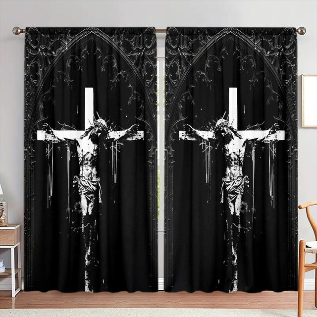 2er-Set bedruckte Vorhänge mit Jesus-Motiv am Kreuz in Schwarz, halbtransparent, B: 107 cm, H: 160 cm - Bild 1