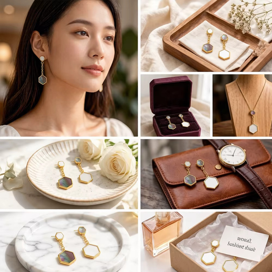 Erpels Ohrringe Edelstahl, sechseckiges Hängedesign, Damen - Bild 5