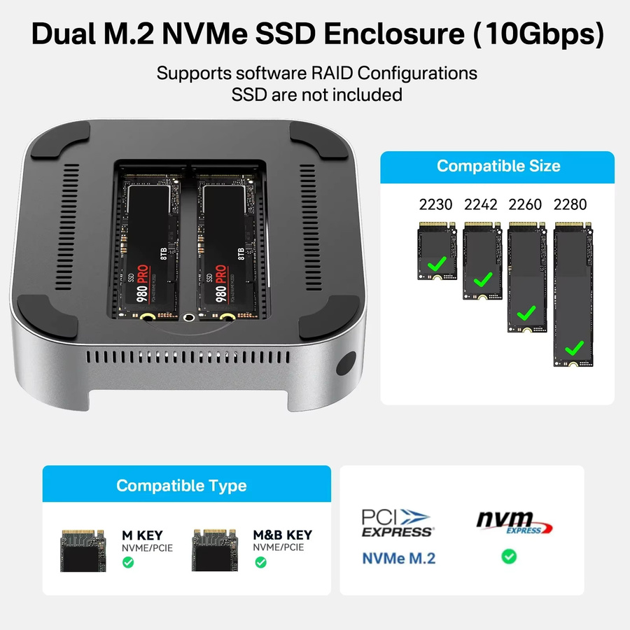 Acasis USB-C Dockingstation Dual-Bay M.2 NVMe SSD-Gehäuse mit HDMI und Kühlventilator in Silber für Mac Mini M4/M4 Pro - Bild 2