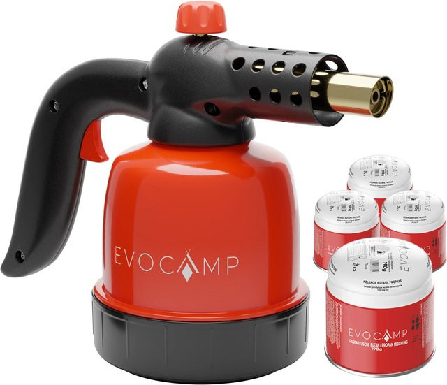 EVOCAMP Gasbrenner mit 1,3 kW Leistung, Piezozündung und 1300 °C Flamme inklusive 4 Gaskartuschen à 190 g - Bild 1