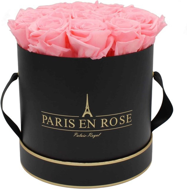 PARIS EN ROSE Rosenbox Schwarz-Gold mit 14 rosa Rosen, Durchmesser: 19 cm - Bild 1
