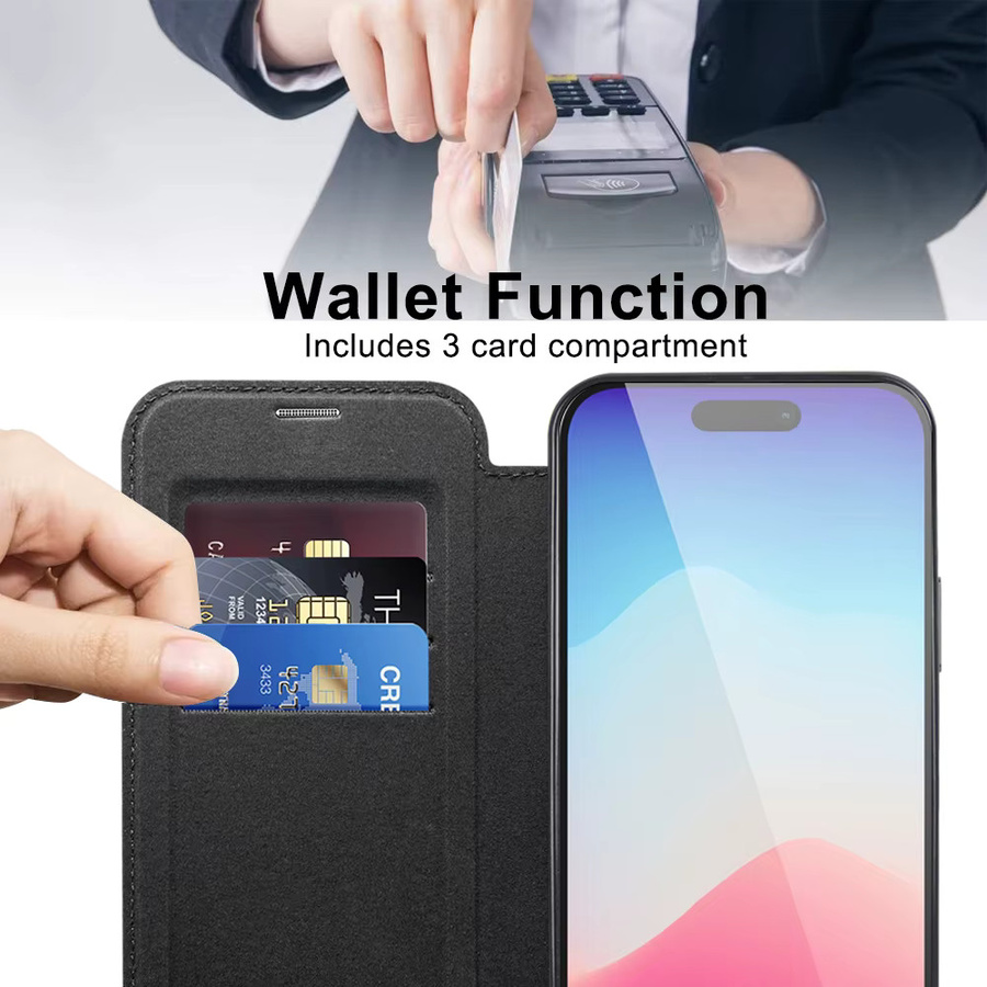 MagSafe Lederhülle mit Kartenfächern für iPhone 16 15 14 13 12 Pro Max Plus, magnetische Flip-Brieftaschenhülle in Schwarz - Bild 1