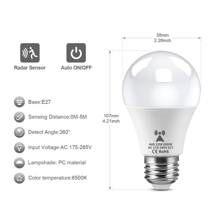 Lcamaw E27 Radar Bewegungsmelder LED-Birne Infrarot Sensor Nachtbeleuchtung Weiß 220V - Bild 2